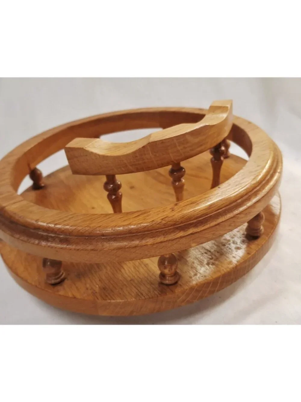 Vintage Solid Oak Lazy Susan With Handle & Decorative Spindles For Tabletop Serv